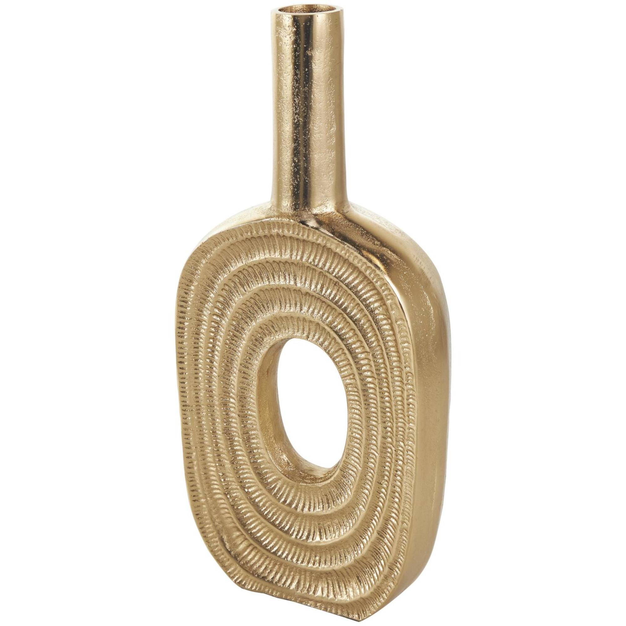 16" Gold Aluminum Metal Geometric Circular Vase with Linear Etchings